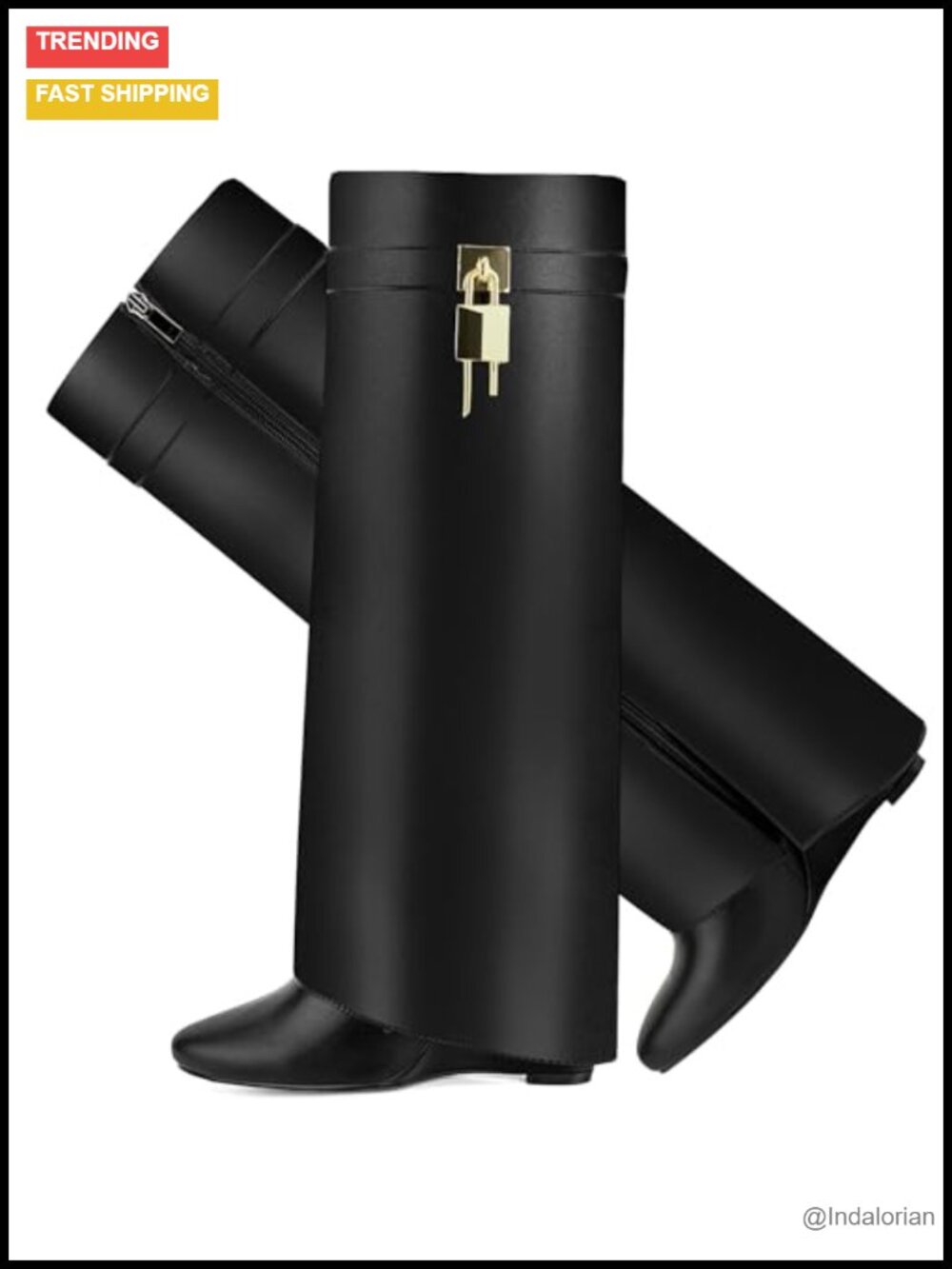 Faux Leather Fold Over Knee High Shark Boots 4-Inch Wedge Heel Side Zipper